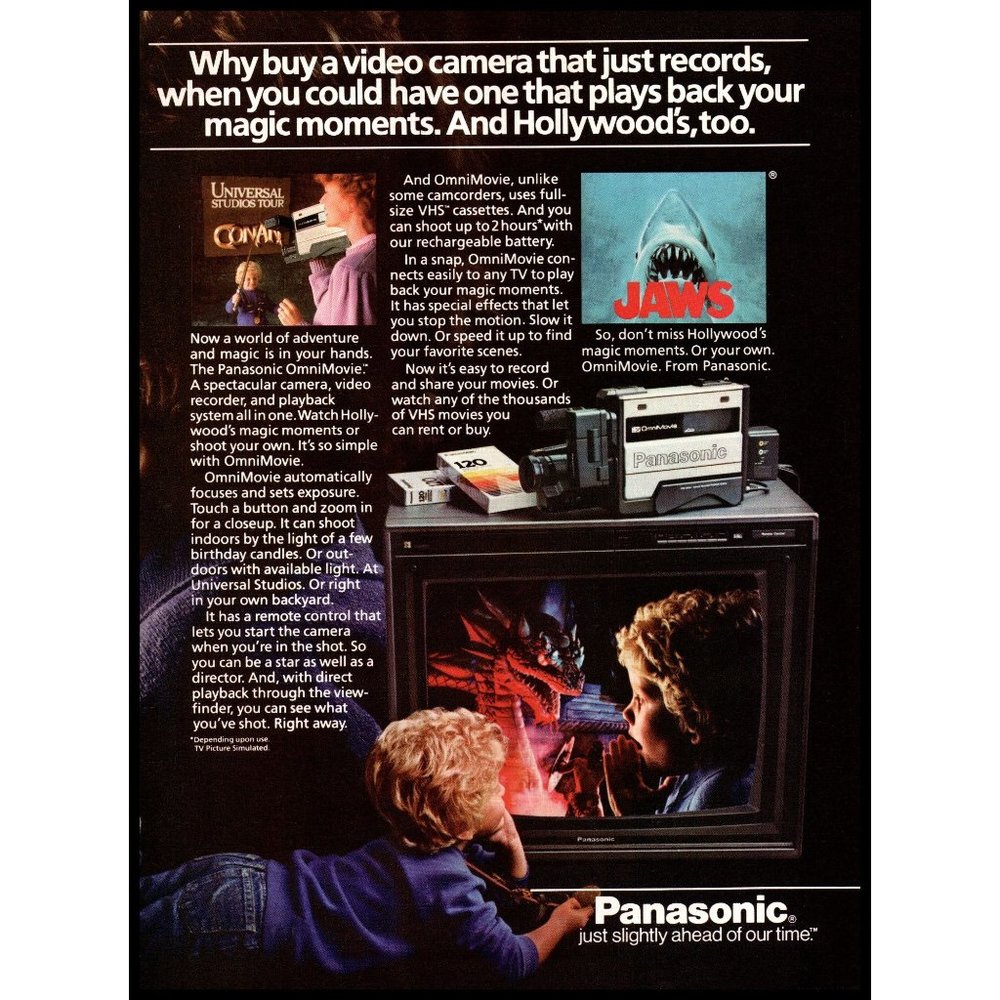 1985 Panasonic Omnimovie VHS Video Camera Vintage Print Ad Jaws TV On Wall Art